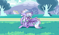 Size: 3600x2160 | Tagged: safe, artist:dsp2003, cloudchaser, pegasus, pony, g4, blushing, cloud, commission, cute, eye clipping through hair, feather, female, grooming, high res, lying down, lying on the ground, mare, outdoors, ponyville, preening, prone, scrunchy face, solo