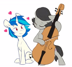 Size: 4096x3803 | Tagged: safe, artist:chub-wub, dj pon-3, octavia melody, vinyl scratch, earth pony, pony, unicorn, g4, alternate hairstyle, bipedal, bow (instrument), cello, chest fluff, cute, duo, ear piercing, earring, eyes closed, female, heart, jewelry, lesbian, mare, musical instrument, older, older octavia melody, older vinyl scratch, piercing, ship:scratchtavia, shipping, simple background, sitting, tavibetes, vinylbetes, white background
