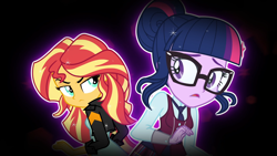 Size: 1920x1080 | Tagged: safe, screencap, sci-twi, sunset shimmer, twilight sparkle, equestria girls, g4, my little pony equestria girls: friendship games, credits, duo, friendship games song, glare, opening credits