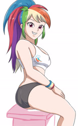 Size: 1813x2923 | Tagged: safe, artist:sumin6301, color edit, edit, editor:michaelsety, rainbow dash, equestria girls, adorasexy, black underwear, breasts, busty rainbow dash, butt, clothes, cute, cutie mark, cutie mark on clothes, female, human coloration, light skin, light skin edit, looking at you, panties, rainbutt dash, sexy, sitting, skin color edit, smiling, solo, sports bra, sports panties, stupid sexy rainbow dash, underwear, wristband
