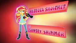 Size: 1920x1080 | Tagged: source needed, safe, screencap, sunset shimmer, equestria girls, g4, my little pony equestria girls: friendship games, boots, breasts, cleavage, clothes, credits, female, hasbro-sponsored official cleavage, high heel boots, jacket, leather jacket, looking at you, opening credits, rebecca shoichet, solo
