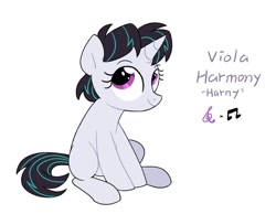 Size: 900x700 | Tagged: dead source, safe, artist:yaco, oc, oc only, oc:viola harmony, pony, unicorn, blank flank, female, filly, magical lesbian spawn, offspring, parent:octavia melody, parent:vinyl scratch, parents:scratchtavia, simple background, solo, white background