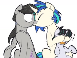Size: 1600x1200 | Tagged: dead source, safe, artist:yaco, dj pon-3, octavia melody, vinyl scratch, oc, oc:viola harmony, earth pony, pony, unicorn, g4, blank flank, covering eyes, eyes closed, family, female, filly, kiss on the lips, kissing, lesbian, magical lesbian spawn, mare, mother and child, mother and daughter, offspring, parent:octavia melody, parent:vinyl scratch, parents:scratchtavia, question mark, raised hoof, ship:scratchtavia, shipping, simple background, sitting, surprise kiss, white background