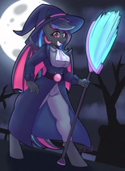 Size: 1528x2083 | Tagged: safe, artist:puetsua, oc, oc only, oc:neon darksky, bat pony, anthro, belt, broom, clothes, halloween, hat, holiday, moon, night, science fiction, solo, sparkles, suit, witch, witch hat