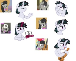 Size: 2000x1600 | Tagged: dead source, safe, artist:yaco, octavia melody, oc, oc:viola harmony, pony, unicorn, a horse shoe-in, bloom and gloom, g4, slice of life (episode), bowtie, cello, eyes closed, facehoof, female, glowing horn, gritted teeth, horn, levitation, like mother like daughter, like parent like child, magic, magical lesbian spawn, mare, musical instrument, octavia is not amused, offspring, parent:octavia melody, parent:vinyl scratch, parents:scratchtavia, raised hoof, score cards, simple background, telekinesis, unamused, white background