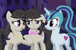 Size: 900x600 | Tagged: safe, artist:thesleeplessbeholder, octavia melody, sonata dusk, earth pony, pony, unicorn, fanfic:a tale of two musical notes, g4, counterparts, equestria girls ponified, fanfic, fanfic art, fanfic cover, ponified, self ponidox, shipping, sontavia, unicorn sonata dusk