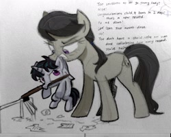 Size: 2141x1709 | Tagged: dead source, safe, artist:yaco, octavia melody, oc, oc:viola harmony, earth pony, pony, unicorn, g4, alternate hairstyle, bow (instrument), cello bow, damaged, female, gritted teeth, magical lesbian spawn, mare, mother and child, mother and daughter, mouth hold, octavia is not amused, offspring, parent:octavia melody, parent:vinyl scratch, parents:scratchtavia, traditional art, unamused