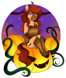Size: 1585x1860 | Tagged: safe, artist:xwhitedreamsx, oc, oc only, oc:honeypot meadow, earth pony, original species, timber pony, timber wolf, anthro, anthro oc, clothes, commission, costume, digital art, earth pony oc, female, halloween, holiday, jack-o-lantern, mare, nightmare night costume, pumpkin, simple background, sitting, smiling, solo, transparent background, ych result