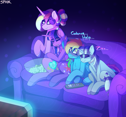Size: 2133x1992 | Tagged: safe, artist:aaa-its-spook, princess cadance, rainbow dash, twilight sparkle, twilight velvet, alicorn, pegasus, pony, unicorn, g4, blushing, couch, feather, food, glasses, implied lesbian, implied shipping, implied twidash, popcorn, remote, sleeping, television