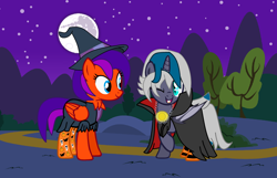 Size: 2584x1664 | Tagged: safe, artist:it-fleur, artist:jadeharmony, artist:your-purple-cat, oc, oc only, oc:elizabat stormfeather, oc:jade harmony, alicorn, bat pony, bat pony alicorn, ghost, pegasus, pony, undead, vampire, vampony, g4, alicorn oc, base used, bat pony oc, bat wings, bush, cape, clothes, costume, dress, fangs, female, halloween, halloween costume, hat, holiday, horn, mare, mare in the moon, moon, night, nightmare night, nightmare night costume, one eye closed, open mouth, pumpkin, raised hoof, shirt, socks, stars, striped socks, tree, wall of tags, wings, wink, witch, witch costume, witch hat