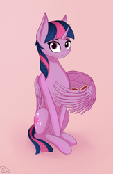 Size: 3120x4792 | Tagged: safe, artist:stravy_vox, twilight sparkle, alicorn, pony, g4, book, female, high res, looking at you, mare, pink background, simple background, sitting, solo, twilight sparkle (alicorn), wing hands, wing hold, wings