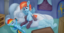 Size: 4096x2160 | Tagged: safe, artist:wellfugzee, derpibooru exclusive, rainbow dash, windy whistles, pegasus, pony, g4, bandage, bed, bedroom, clothes, female, filly, filly rainbow dash, socks, thigh highs, toy, younger