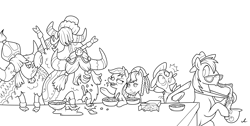 Size: 4725x2381 | Tagged: safe, artist:docwario, applejack, big macintosh, granny smith, earth pony, pony, yak, g4, black and white, cereal, dexterous hooves, eating, food, grayscale, heart attack, lineart, messy eating, milk, monochrome, musical instrument, open mouth, saxophone, simple background, white background