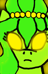 Size: 639x980 | Tagged: safe, artist:mellow91, oc, oc:brownie bun, oc:the supreme being, close-up, frown, glare, glowing eyes, looking at you, possessed, yellow eyes