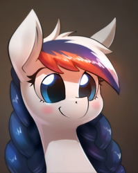 Size: 1118x1402 | Tagged: safe, artist:underpable, editor:xbi, oc, oc only, oc:marussia, earth pony, pony, blushing, bust, gradient background, nation ponies, portrait, russia, smiling, solo