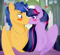 Size: 2390x2204 | Tagged: safe, artist:lightningarrow, flash sentry, twilight sparkle, alicorn, pegasus, pony, g4, female, high res, horn, horn ring, jewelry, kiss on the lips, kissing, love, male, mare, prince, princess, ring, royalty, ship:flashlight, shipping, stallion, story included, straight, twilight sparkle (alicorn), twilight's castle, wedding ring