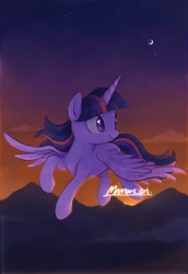 Size: 1406x2048 | Tagged: safe, artist:mn27, twilight sparkle, alicorn, pony, g4, cloud, crescent moon, female, flying, mare, moon, mountain, night, sky, solo, spread wings, stars, sunset, twilight sparkle (alicorn), wings
