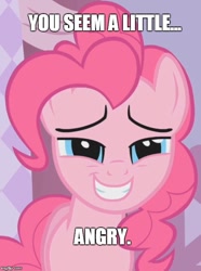 Size: 500x672 | Tagged: safe, edit, edited screencap, screencap, pinkie pie, earth pony, pony, g4, season 1, suited for success, caption, female, image macro, mare, meme, solo, text, trollface