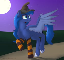 Size: 2673x2526 | Tagged: safe, artist:renderpoint, princess luna, alicorn, pony, g4, chest fluff, clothes, feathered wings, female, full moon, halloween, hat, high res, holiday, hoof shoes, mare, moon, night, socks, solo, striped socks, two toned wings, wings, witch hat