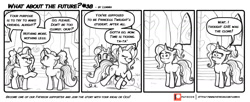 Size: 1600x655 | Tagged: safe, artist:lummh, luster dawn, pony, unicorn, comic:what about the future, g4, clone, comic, eyes closed, monochrome, speech bubble, walking