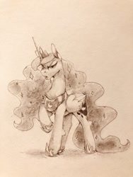 Size: 768x1024 | Tagged: safe, artist:anticular, princess luna, alicorn, pony, g4, angry, female, mare, monochrome, raised hoof, solo, traditional art