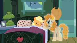 Size: 3151x1772 | Tagged: safe, artist:gutovi, applejack, coloratura, pear butter, ghost, undead, g4, applejack's bedroom, applejack's hat, bed, bedroom, cowboy hat, door, hat, hoofsies, implied rarajack, lamp, pear butter's ghost, pillow