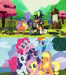 Size: 1920x2160 | Tagged: safe, artist:lauren faust, applejack, arizona (tfh), fluttershy, oleander (tfh), paprika (tfh), pinkie pie, pom (tfh), rainbow dash, rarity, tianhuo (tfh), twilight sparkle, velvet (tfh), alpaca, classical unicorn, cow, deer, dragon, earth pony, hybrid, lamb, longma, pegasus, pony, reindeer, sheep, unicorn, them's fightin' herds, g4, artifact, cloven hooves, community related, comparison, fightin' six, group, horn, iconic, leonine tail, mane six opening poses, reference, screenshots, stock vector, unshorn fetlocks, youtube