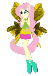 Size: 481x692 | Tagged: safe, artist:selenaede, artist:user15432, fluttershy, fairy, human, equestria girls, g4, base used, clothes, cutie mark, cutie mark on clothes, dress, element of kindness, fairy wings, fairyized, green dress, green shoes, hairpin, high heels, jewelry, necklace, pink dress, ponied up, shoes, simple background, solo, transparent background, wings, yellow dress, yellow wings