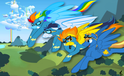 Size: 5752x3550 | Tagged: safe, artist:littletiger488, rainbow dash, soarin', spitfire, oc, pegasus, pony, g4, clothes, commission, flying, goggles, uniform, wonderbolts uniform