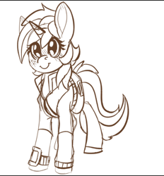 Size: 451x486 | Tagged: safe, artist:brainiac, derpibooru exclusive, oc, oc only, oc:littlepip, pony, unicorn, fallout equestria, brainiacs sketchbook (set), clothes, female, grayscale, jacket, mare, monochrome, simple background, sketch, solo, white background