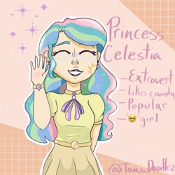 Size: 1080x1080 | Tagged: safe, artist:toni.doodlez, princess celestia, human, g4, alternative cutie mark placement, bracelet, clothes, dress, eyes closed, female, humanized, jewelry, smiling, solo, waving