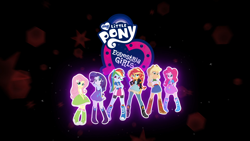 Size: 1920x1080 | Tagged: safe, screencap, applejack, fluttershy, pinkie pie, rainbow dash, rarity, sunset shimmer, equestria girls, g4, my little pony equestria girls: friendship games, boots, bracelet, clothes, credits, equestria girls logo, female, high heel boots, humane five, jewelry, jumping, logo, opening credits, shoes, skirt, socks, sparkles