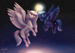 Size: 3507x2491 | Tagged: safe, artist:amyszek, princess celestia, princess luna, alicorn, pony, g4, duo, eye contact, female, flying, glowing horn, high res, horn, horns are touching, looking at each other, magic, mare, night, pink-mane celestia, remake, s1 luna, siblings, signature, sisters, smiling, stars, unshorn fetlocks, younger