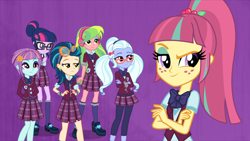 Size: 1920x1080 | Tagged: safe, screencap, indigo zap, lemon zest, sci-twi, sour sweet, sugarcoat, sunny flare, twilight sparkle, acadeca, equestria girls, g4, my little pony equestria girls: friendship games, clothes, crossed arms, crystal prep academy, crystal prep academy uniform, dreamworks face, glasses, hand on hip, hands behind back, lidded eyes, outfit, school uniform, shadow six
