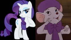 Size: 1030x576 | Tagged: safe, edit, edited screencap, screencap, rarity, mouse, pony, rodent, unicorn, g4, bedroom eyes, black background, comparison, disney, looking at you, miss bianca, simple background, smiling, the rescuers