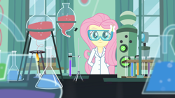 Size: 1920x1080 | Tagged: safe, screencap, fluttershy, equestria girls, g4, my little pony equestria girls: friendship games, beaker, chemicals, chemistry, clothes, flask, lab, lab coat, safety goggles, science