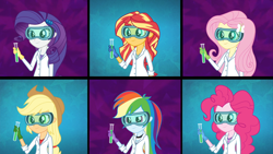 Size: 1920x1080 | Tagged: safe, screencap, applejack, fluttershy, pinkie pie, rainbow dash, rarity, sunset shimmer, acadeca, equestria girls, g4, my little pony equestria girls: friendship games, clothes, female, gloves, goggles, humane five, lab coat, rubber gloves, safety goggles, sunset the science gal, test tube