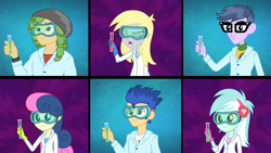 Size: 1920x1080 | Tagged: safe, screencap, bon bon, derpy hooves, flash sentry, lyra heartstrings, micro chips, sandalwood, sweetie drops, acadeca, equestria girls, g4, my little pony equestria girls: friendship games, clothes, gloves, goggles, lab coat, rubber gloves, test tube