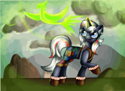 Size: 2000x1453 | Tagged: safe, artist:appleneedle, oc, oc only, oc:pyrelight, oc:velvet remedy, balefire phoenix, phoenix, pony, unicorn, fallout equestria, animated, boots, clothes, cloud, contest entry, ear piercing, earring, fallout, female, gif, glowing horn, horn, jacket, jewelry, magic, magic aura, mare, open mouth, palindrome get, pants, piercing, raised hoof, rock, shoes, sky, solo