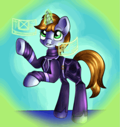 Size: 1891x2000 | Tagged: safe, artist:appleneedle, oc, oc only, oc:littlepip, pony, unicorn, fallout equestria, animated, armor, belt, contest entry, fallout, female, gif, glowing horn, grin, horn, magic, mare, raised hoof, science fiction, smiling, solo, underhoof
