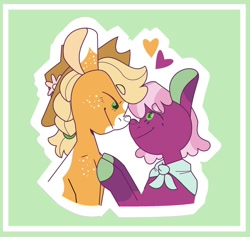 Size: 1280x1212 | Tagged: safe, artist:amazingly-gay-evan, applejack, cheerilee, earth pony, pony, g4, applejack's hat, cheerijack, clothes, cowboy hat, female, freckles, green background, hat, heart, lesbian, looking at each other, shawl, shipping, shoulder freckles, simple background
