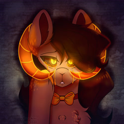 Size: 4300x4300 | Tagged: safe, artist:tuzz-arts, oc, oc only, oc:madana, demon, demon pony, earth pony, original species, pony, black sclera, bow, bowtie, chest fluff, crying, female, glowing eyes, glowing horn, glowing horns, horn, horns, simple background, solo, tears of sadness, teary eyes