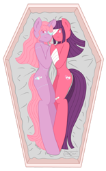 Size: 1024x1647 | Tagged: safe, artist:lolitablue, oc, oc only, earth pony, unicorn, semi-anthro, arm hooves, bandage, coffin, earth pony oc, eyepatch, female, horn, lying down, siblings, simple background, sisters, transparent background, unicorn oc
