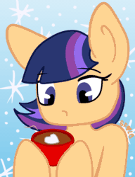 Size: 2248x2932 | Tagged: safe, artist:lolitablue, oc, oc only, oc:twilight twinkle, pony, animated, bust, chocolate, cup, female, food, gif, high res, hot chocolate, mare, mug, offspring, parent:flash sentry, parent:twilight sparkle, parents:flashlight, solo