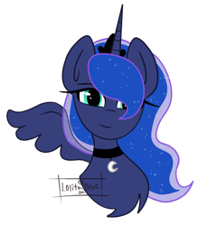 Size: 1024x1169 | Tagged: safe, artist:lolitablue, princess luna, alicorn, pony, g4, chest fluff, choker, ethereal mane, jewelry, signature, simple background, smiling, solo, starry mane, tiara, transparent background