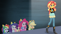 Size: 1920x1080 | Tagged: safe, screencap, applejack, fluttershy, pinkie pie, rainbow dash, rarity, sunset shimmer, acadeca, equestria girls, g4, my little pony equestria girls: friendship games, boots, clothes, confident, crossed arms, humane five, open mouth, shoes, smiling, smirk, wondercolt ears