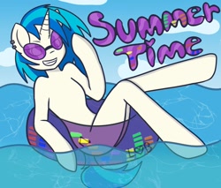 Size: 1024x872 | Tagged: safe, artist:lolitablue, dj pon-3, vinyl scratch, unicorn, semi-anthro, g4, arm hooves, cloud, ear piercing, female, floaty, grin, outdoors, piercing, smiling, solo, sunglasses, text, water