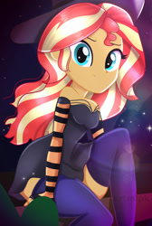 Size: 1615x2397 | Tagged: safe, artist:artmlpk, sunset shimmer, equestria girls, g4, adorable face, adorasexy, adorkable, alternate hairstyle, beautiful, black dress, clothes, costume, cute, digital art, dork, dress, female, hair, halloween, hat, holiday, sexy, shimmerbetes, socks, solo, thigh highs, thighs, watermark, witch, witch hat