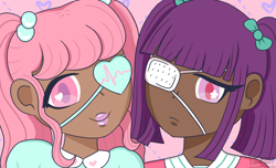 Size: 1024x622 | Tagged: safe, artist:lolitablue, oc, human, bust, clothes, dark skin, duo, eyepatch, female, humanized, lipstick, siblings, sisters
