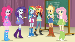 Size: 1920x1080 | Tagged: safe, screencap, applejack, fluttershy, pinkie pie, rainbow dash, rarity, sunset shimmer, equestria girls, g4, my little pony equestria girls: friendship games, boots, bracelet, chalkboard, clothes, cute, equation, happy, humane five, jewelry, shoes, skirt, smiling